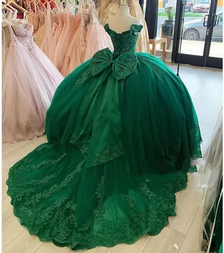 Miniatura 5 de PFTFB Vestidos de quinceañera con hombros descubiertos para mujer, vestidos de tul hinchados con tren, encaje y cuentas, vestido largo de baile