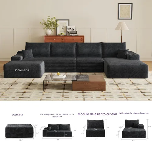 Miniatura 9 de Otomana de pana de felpa de 37.4 pulgadas, otomana tapizada de nube para sofá deshuesado en una caja, sofás modulares seccionales para sala de Negro