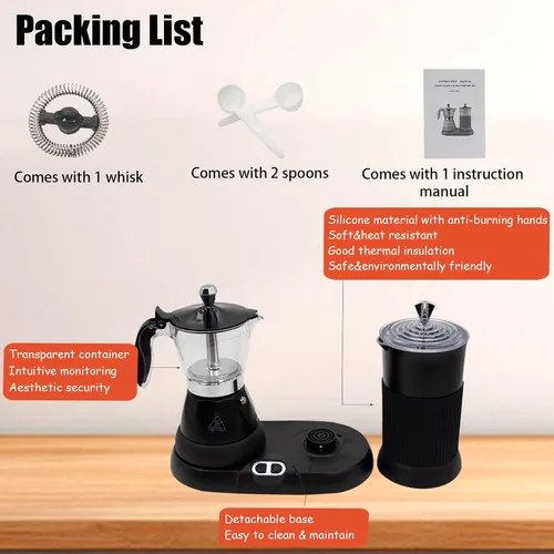 Miniatura 8 de Máquina de café expreso con espumador de leche, olla eléctrica de moka 2 en 1, máquina de café expreso de aluminio con un solo toque, espuma de Negro