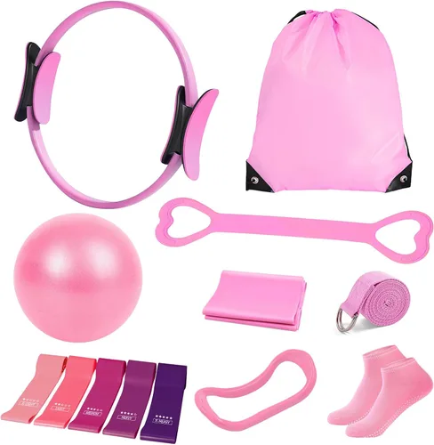 Kit de pilates para mujer, equipo de pilates con círculo mágico de 13 pulgadas, anillo de pilates y juego de pelota con 5 bandas de fuerza, cinturón