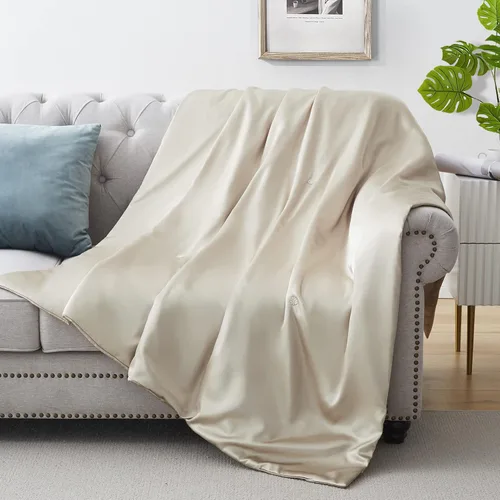 Manta de seda – Manta de satén plegable de enfriamiento beige para sofá, cama, campamento, al aire libre, viajes, coche – Manta súper suave y ligera