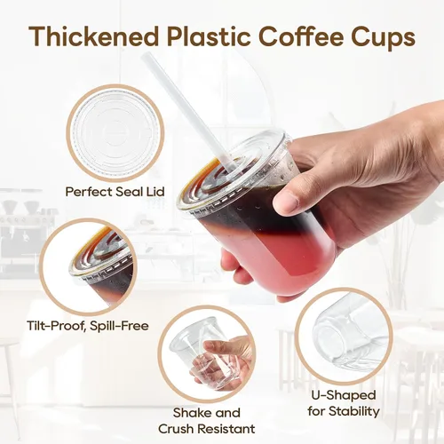 Miniatura 4 de Vplus Paquete de 100 tazas de café helado de 12 onzas con tapas, vasos de plástico desechables con tapas y popotes para bebidas frías, jugos