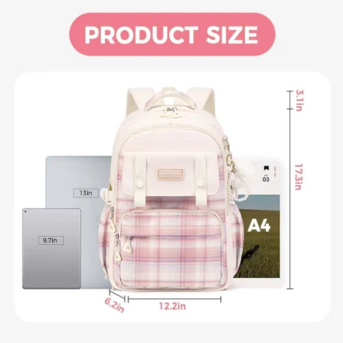 Miniatura 7 de Linda mochila universitaria para laptop para mujer, bolsa de computadora estética de gran capacidad, mochila kawaii rosa con colgante (beige)