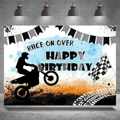 Telón de fondo de motocicleta con texto en inglés "Race On Over Motocross Racing Fotografía", decoración de fiesta de cumpleaños, suministros para