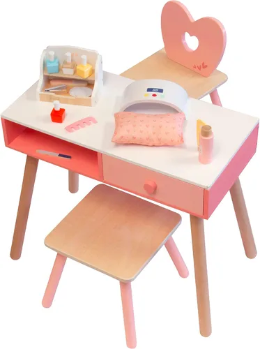 Miniatura 5 de Juego de madera para salón de uñas de simulación, juego completo Glam & Glow incluye esmaltes de uñas, organizador de belleza, lima, silla secadora