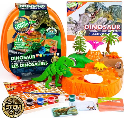 The Young Scientists Club Paquete de aventuras de dinosaurios de Horizon Group USA, kit STEM, 16 actividades educativas, incluye mochila