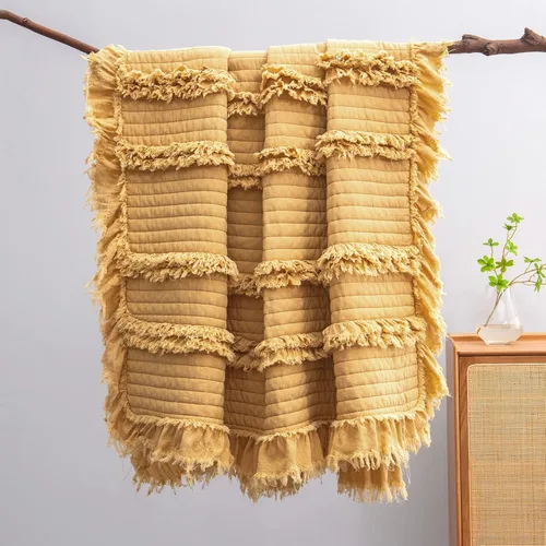 Manta acolchada ultra suave y prelavada de tamaño individual color amarillo bohemio para cama, manta decorativa con flecos con volantes, manta