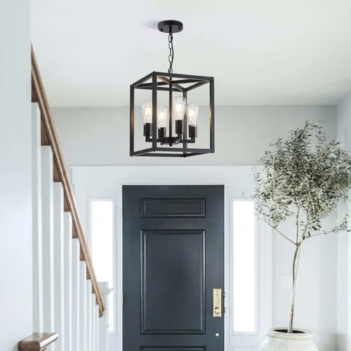 Miniatura 7 de Lanhall Candelabro de Casa de Campo de 4 Luces, Iluminación Colgante Industrial Rústica, Jaula Metálica de Altura Ajustable E26, Luces Colgantes