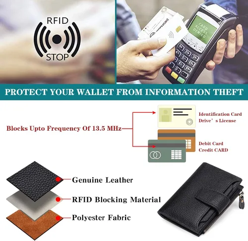 Miniatura 6 de FALAN MULE - Cartera de cuero auténtico para mujer, pequeña, plegable y compacta, con bloqueo de interferencia de radiofrecuencia (RFID)
