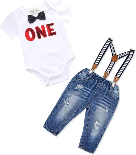 Miniatura 47 de Conjunto de ropa de cumpleaños para bebé niño pequeño, con tirantes, pantalones de mezclilla rasgados