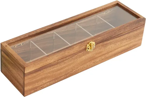 Woodard & Charles - Caja de té con compartimento de madera de acacia con ventana, almacenamiento y organizador (caja de té de 5 compartimentos)