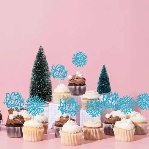 Miniatura 4 de Gyufise 24 adornos de copos de nieve Oh Baby para cupcakes con purpurina azul, decoración de pastel de baby shower congelado para baby shower