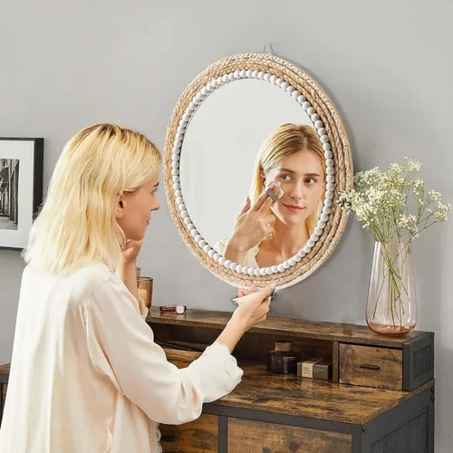 Miniatura 4 de Espejo decorativo de estilo bohemio de 22 pulgadas, espejo redondo de ratán para colgar en la pared, espejo redondo tejido de ratán natural