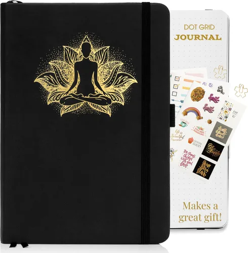 Diario de cuadrícula de puntos: cubierta de lámina dorada de loto de yoga, 160 páginas, cuaderno de tapa dura plano con marcador de cinta, cierre
