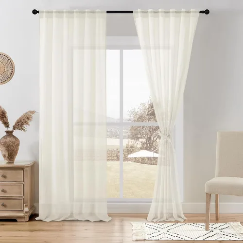 Miniatura 11 de DWCN Cortinas traslúcidas de lino floral, bolsillo para barra y pestaña trasera, cortina de mezcla de lino para dormitorio, sala de estar, cortinas