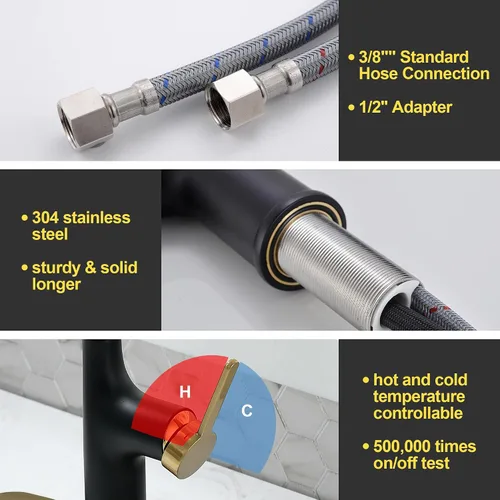Miniatura 7 de Grifos de cocina, grifo de cocina negro y dorado con rociador extraíble, grifo de fregadero de cocina de acero inoxidable de arco alto, grifo