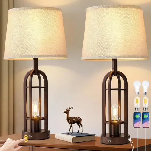 Miniatura 7 de SRJJA Juego de 2 lámparas de mesa negras para sala de estar, lámparas de granja para mesitas de noche con USB A+C, lámparas de noche