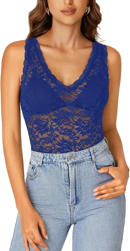 Miniatura 7 de Rooscier - Blusa sin mangas para mujer, con encaje floral, cuello en V, con volantes, transparente, sin sujetador