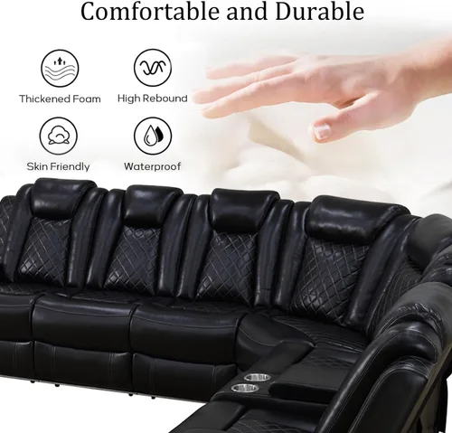 Miniatura 5 de Sofá Seccional Reclinable Eléctrico, Sofá Modular Seccional Reclinable de Cuero Negro, Sofá de Cuero en Forma de L con Luces LED/Cargador