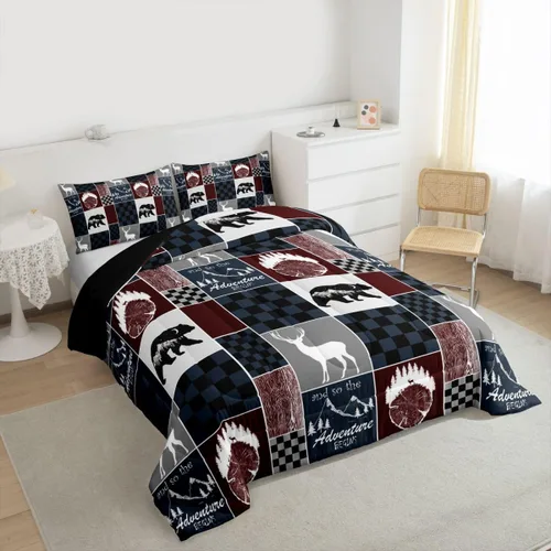 Miniatura 196 de Juego de edredón de oso y ciervo, tamaño individual, ropa de cama de animales salvajes de caza, colcha rústica de cabaña, casa de campo, cuadros