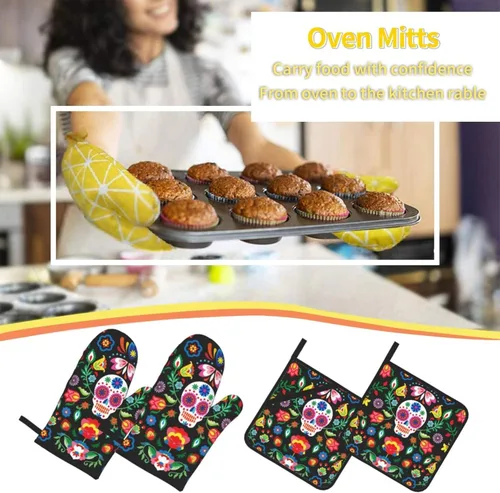 Miniatura 7 de Juego de 4 manoplas de horno y soportes para ollas con diseño floral de calavera mexicana, guantes resistentes al calor para cocina, hornear, asar a