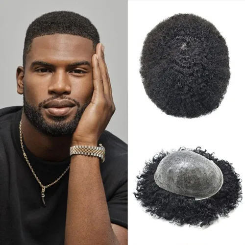 Miniatura 16 de Afro Curl Toupee para hombres unidades de cabello humano real para hombres negros inyectados PU tupé afroamericano para hombre postizo de pelo