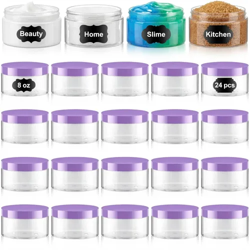 Miniatura 28 de Dandat 24 piezas 8 oz tarro de plástico con tapa y etiqueta recargable, contenedor redondo transparente vacío con muestras cosméticas PET blancas