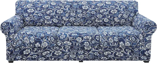 Miniatura 54 de hyha Funda para sofá, diseño floral, elástica, estampada, 4 piezas, fundas para sofá de 3 cojines separados, protector de muebles lavable para Azul