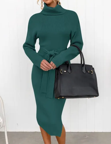 Miniatura 40 de ZESICA - Vestido por debajo de la rodilla de suéter, de cuello alto, para mujer, de manga larga, de punto acanalado, con abertura y cinturón