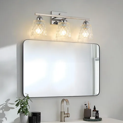 Miniatura 2 de Mecgirn Lámpara de Tocador de Baño de Acero Inoxidable Sobre Espejo, 3 Luces de Baño de Cromo Pulido con Soportes de Vidrio Texturizado, Iluminación
