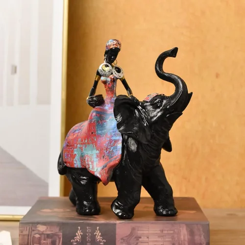 Estatua de decoración tribal africana de dama y elefante, arte tribal para decoración del hogar, ideal vintage, adornos estéticos para sala de