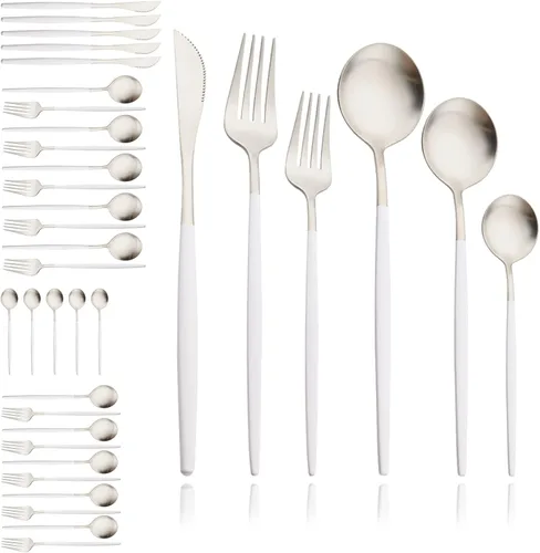 Miniatura 18 de JASHII Juego de cubiertos mate de 36 piezas con mango plano acabado satinado negro acero inoxidable cubiertos servicio para 6 para cocina casera