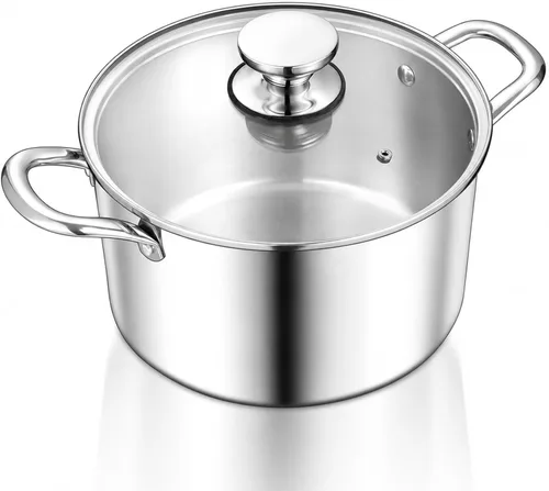 TeamFar Olla de 3.5 cuartos de galón, olla de cocina de pasta de acero inoxidable de tres capas con tapa, tapa de vidrio templado y asas remachadas