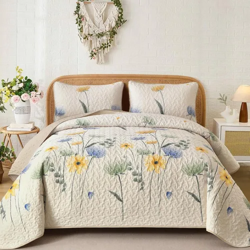 Miniatura 24 de Dinjoy Juego de colcha floral tamaño Queen, colcha azul agua tamaño Queen de 3 piezas, juego de ropa de cama ligera de estilo granja, colcha