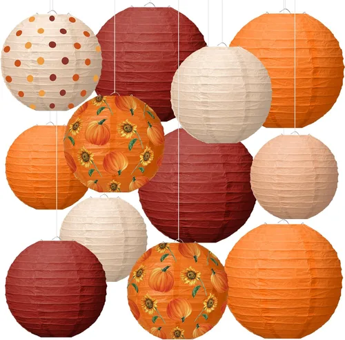 Bencailor 12 linternas de papel de Acción de Gracias, faroles de papel para colgar en color rojo y naranja, decoración redonda de otoño para