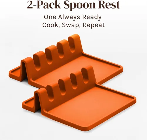 Miniatura 4 de Soporte de cuchara de silicona naranja para estufa con almohadilla de goteo (paquete de dos) – Resistente al calor sin BPA y soporte para cuchara
