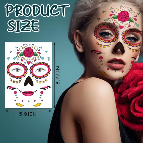 Miniatura 2 de 9 hojas de tatuajes temporales para el Día de los Muertos Día de los Muertos, tatuaje temporal de La Catrina, tatuaje falso de calavera para mujeres