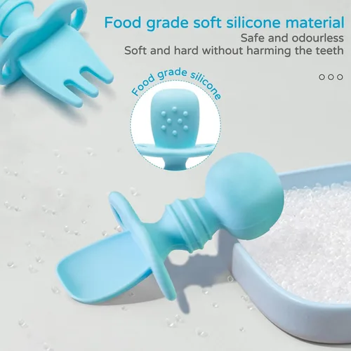 Miniatura 4 de Utensilios de silicona, juego de tenedor y cuchara para bebé, utensilios de entrenamiento, etapa de destete LED para bebés de 6 meses (azul)