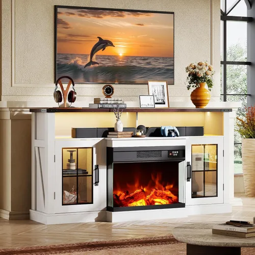 Miniatura 12 de WLIVE Soporte de TV estilo granja para TV de 65 pulgadas, centro de entretenimiento alto con luces LED y gabinetes de almacenamiento, mesa consola