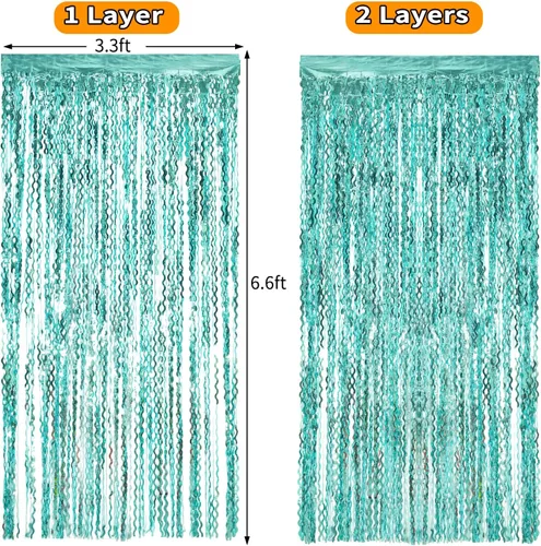 Miniatura 6 de Paquete de 4 cortinas telón de fondo de flecos de lámina metálica ondulada azul aguamarina de 3.3 pies x 6.6 pies - Cortinas de lámina metálica
