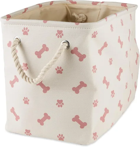 Bone Dry - Colección de almacenamiento para mascotas con diseño de huella de pata y hueso, rectángulo pequeño, 14x8x9 pulgadas, color rosa 2-Rosa