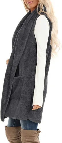 Miniatura 3 de ReachMe Chaleco de sherpa sin mangas para mujer con bolsillos con solapa frontal abierto de forro polar, suéter mullido