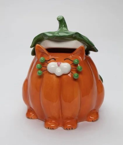 Miniatura 3 de Cosmos Gifts Caja de caramelos con diseño de gato y calabaza de cerámica fina, 14.9 cm H