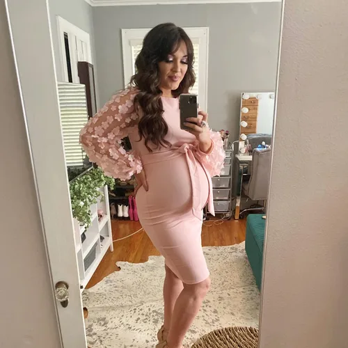 Miniatura 3 de Vestido midi de maternidad de manga larga con malla floral, vestido ajustado de maternidad para baby shower, sesión de fotos