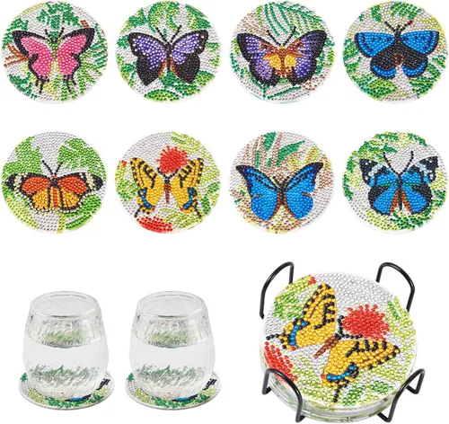8 posavasos de pintura de diamante de mariposa 5D con almohadillas de corcho, diamantes de imitación de cristal, posavasos para manualidades, para