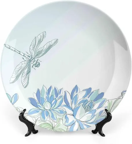 XISUNYA Plato decorativo de 6 pulgadas, plato de vajilla de libélula, flores de nenúfares y libélulas, impresión simplista, accesorio de decoración