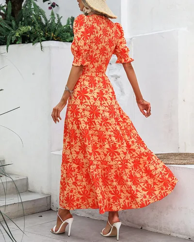Miniatura 131 de BTFBM Vestidos para mujer, cuello redondo, casual, de verano, con volantes, manga corta, bohemio, con niveles, fruncido, largo, con estampado floral