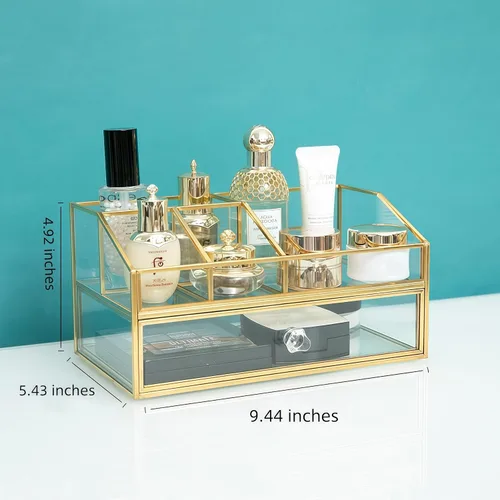 Miniatura 2 de JIARI Organizador de maquillaje de cristal con cajón, caja de exhibición de joyas con marco de latón dorado, almacenamiento de cosméticos