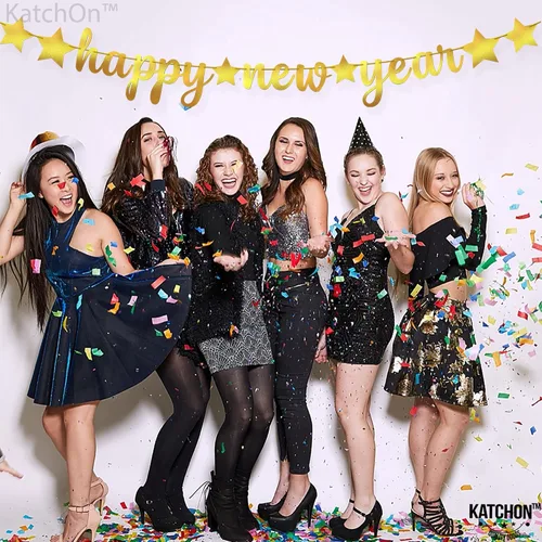 Miniatura 9 de KatchOn, Pancarta de Feliz Año Nuevo de Oro Brillante - 3.05 metros, Pre - Enhebrado Telón de Fondo de Feliz Año Nuevo para Decoraciones de Año