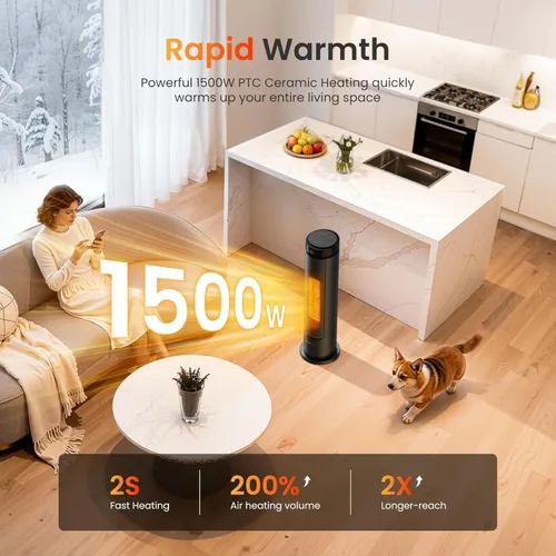 Miniatura 2 de FLANUR – Calentadores de espacio para uso en interiores de habitación grande, calentador eléctrico portátil de 1500 W con control remoto, 5 modos